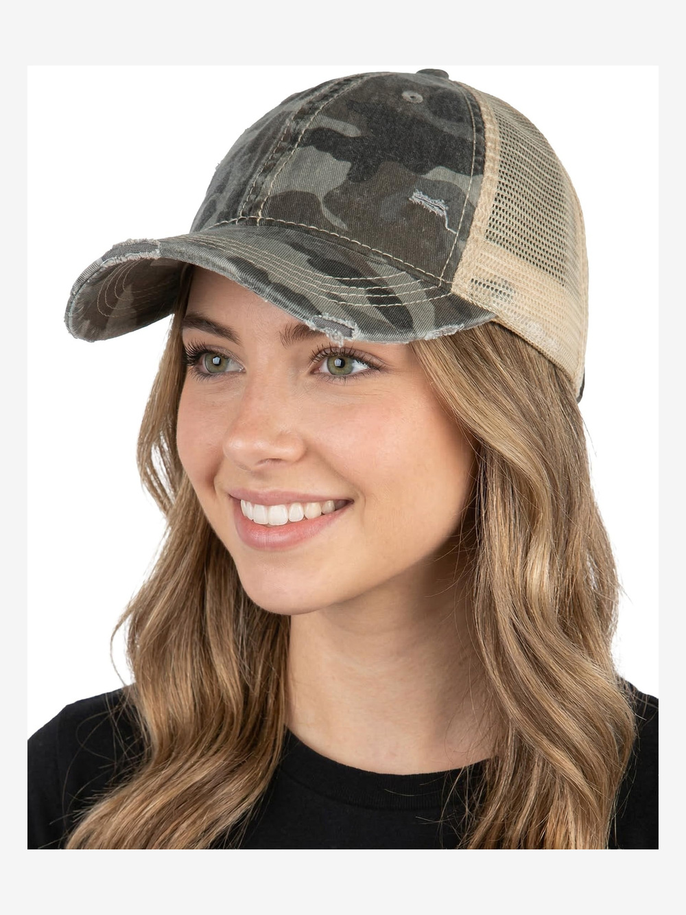 Distressed Mesh Low Profile Trucker Hat | Black Camo, Beige Mesh | Size OS